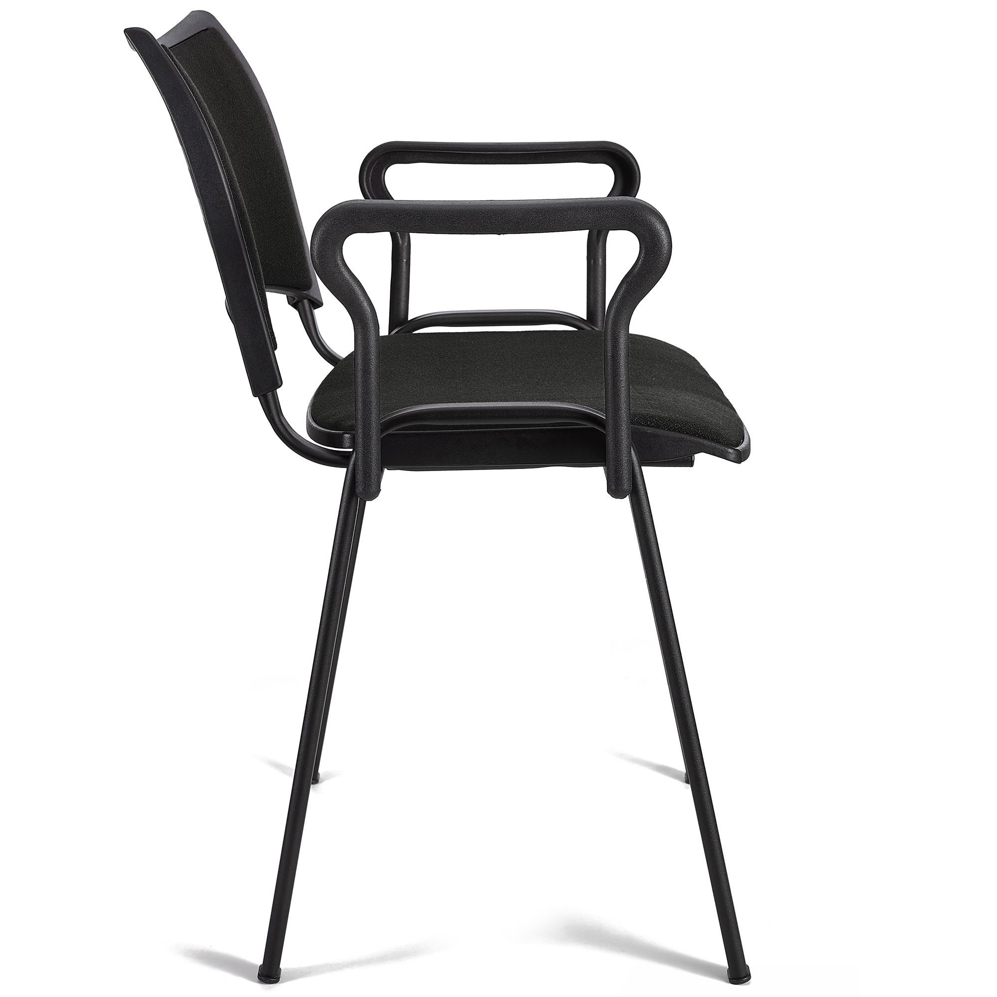 Silla de Confidente ROMEL CON BRAZOS, Cómodo Acolchado, Apilable, Patas Negras, en Tela Negra