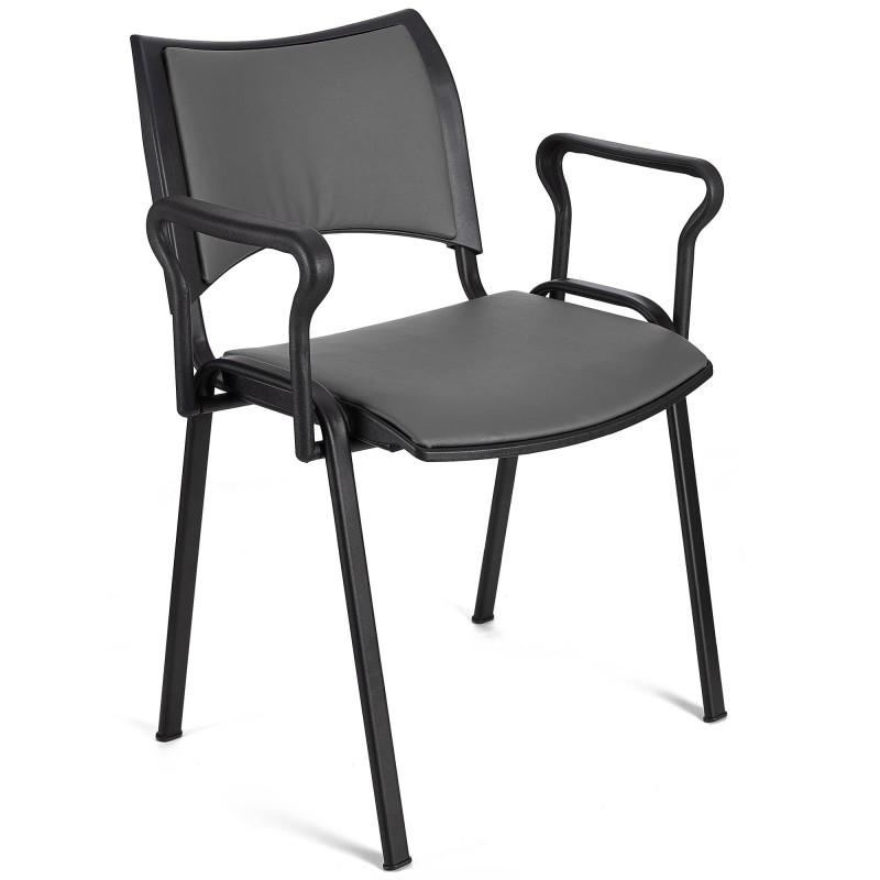 Silla de Confidente ROMEL CON BRAZOS PIEL con Patas Negras en Negro