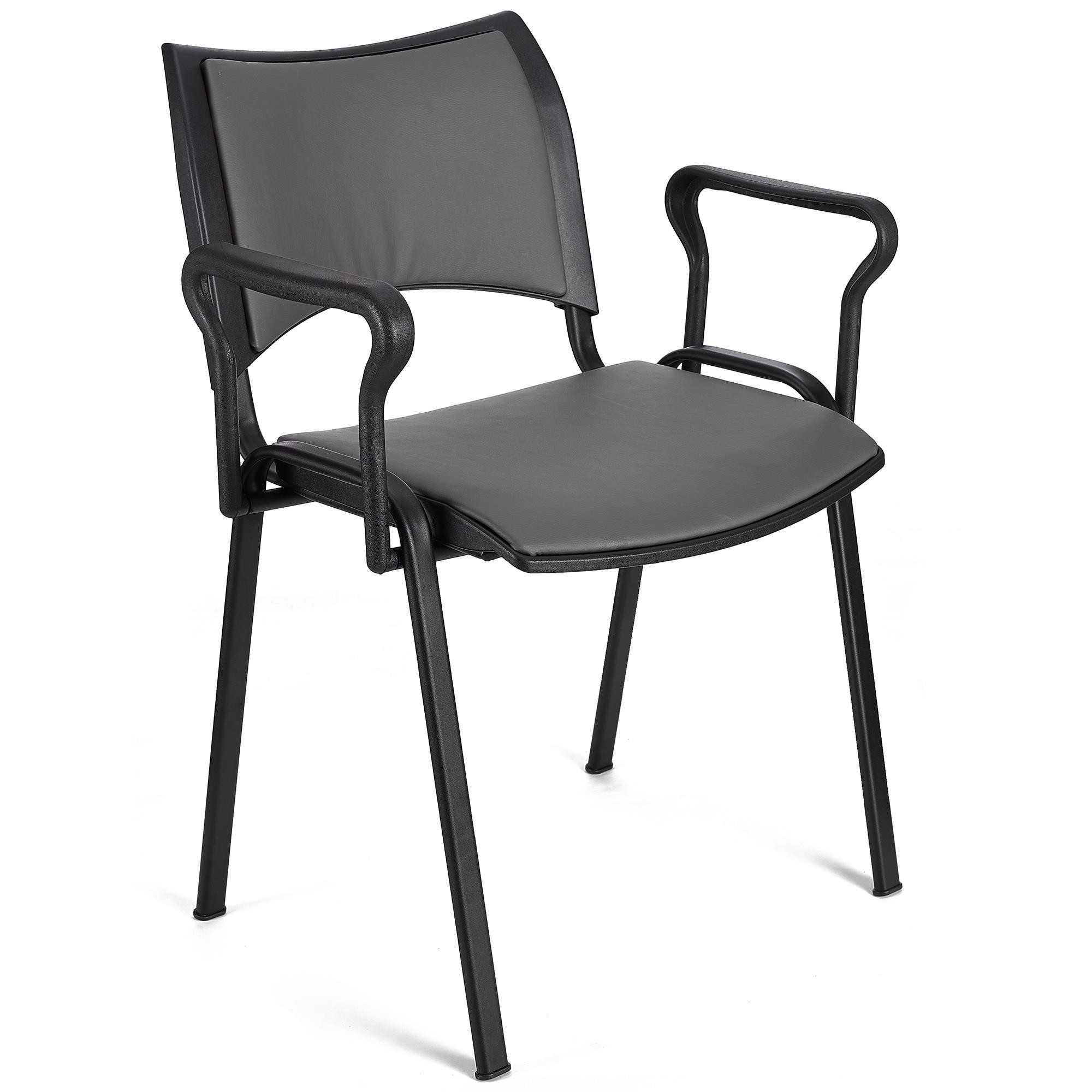 Silla de Confidente ROMEL CON BRAZOS PIEL, Cómodo Acolchado, Apilable, Patas Negras, en Negro