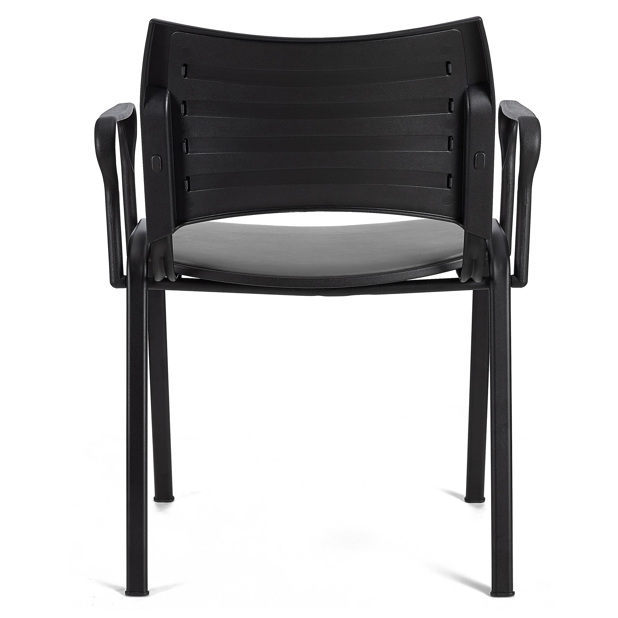 Silla de Confidente ROMEL CON BRAZOS PIEL, Cómodo Acolchado, Apilable, Patas Negras, en Negro