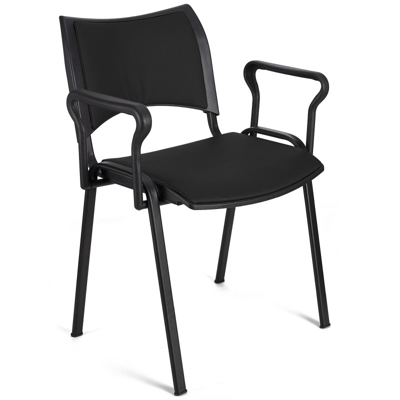 Silla de Confidente ROMEL CON BRAZOS PIEL con Patas Negras en Negro