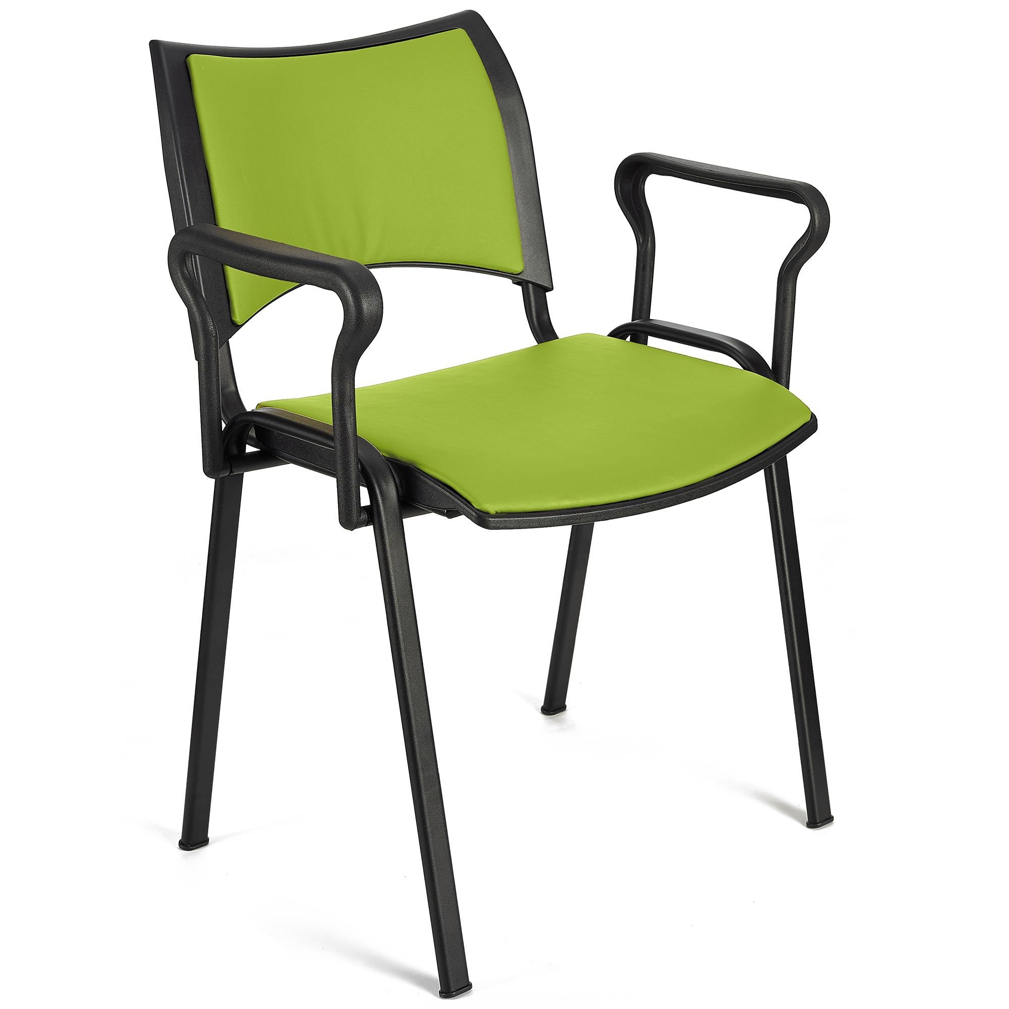 Silla de Confidente ROMEL CON BRAZOS PIEL, Cómodo Acolchado, Apilable, Patas Negras, en Negro