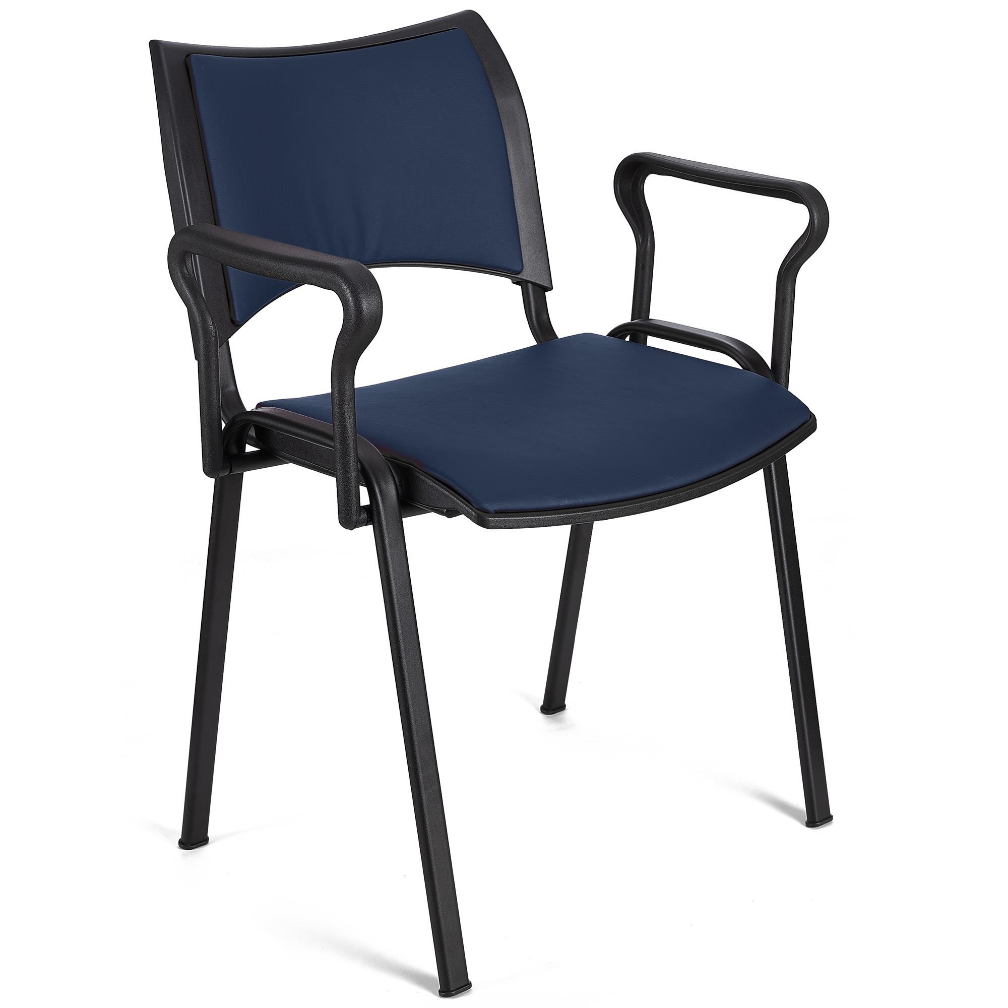 Silla de Confidente ROMEL CON BRAZOS PIEL, Cómodo Acolchado, Apilable, Patas Negras, en Negro