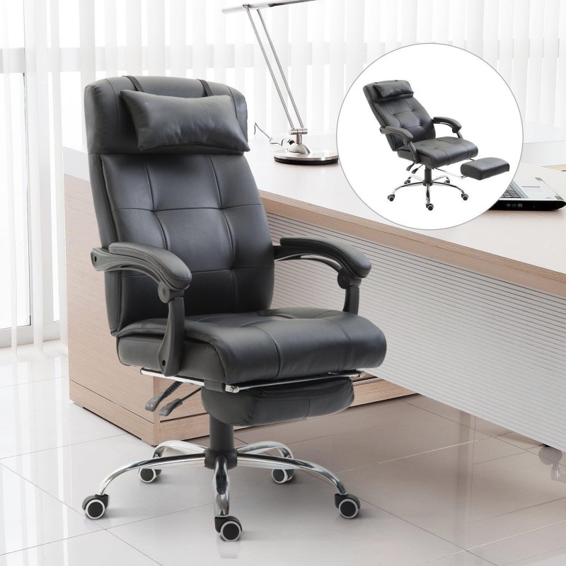 Sillón de Oficina ITON, Reposapiés Extensible, Grueso Acolchado, en Piel, color Negro