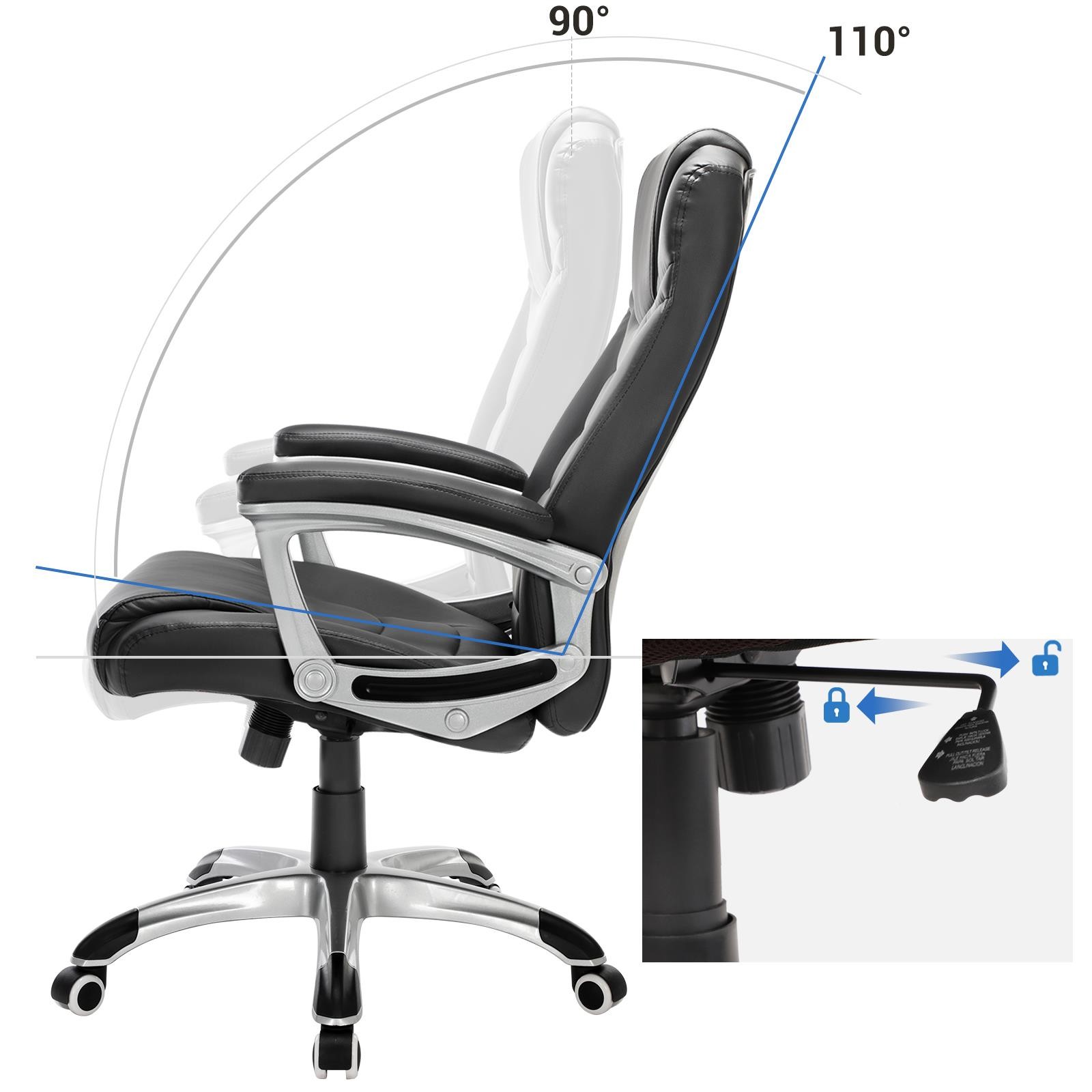 Silla de Oficina ASLAN, Grueso Acolchado, Elegantes Costuras, Piel Negra