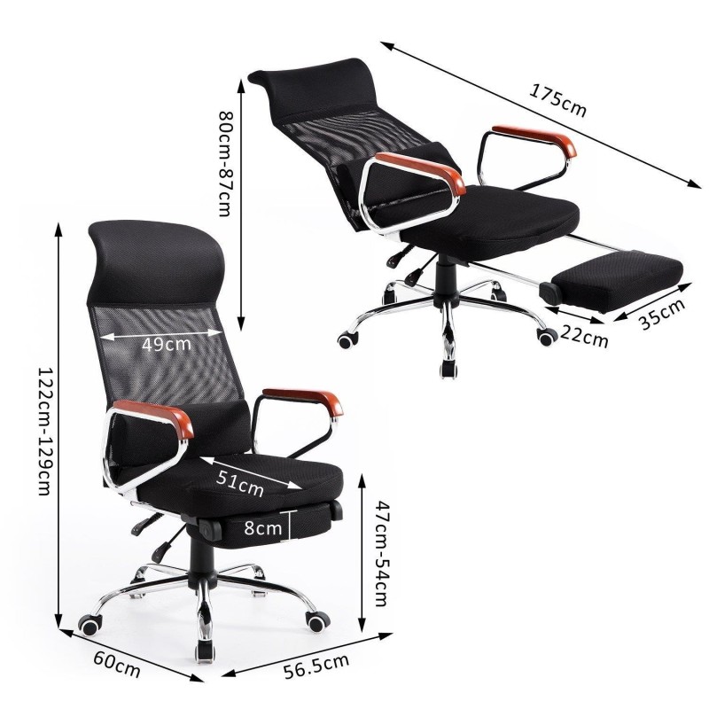 Silla de Oficina ARNON, Reposapiés Extensible, Brazos de Madera, En Malla color Negro
