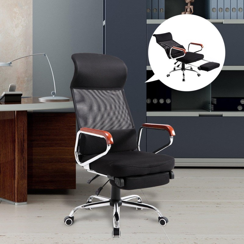 Silla de Oficina ARNON, Reposapiés Extensible, Brazos de Madera, En Malla color Negro