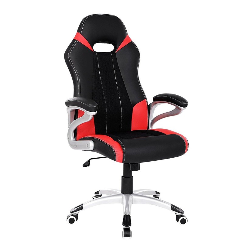 Silla de Oficina ISOS, gran acolchado, en malla y piel negra / roja