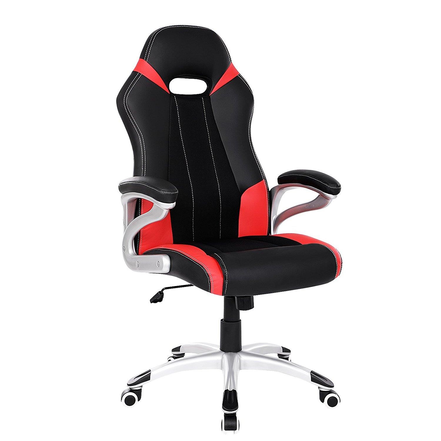 Silla de Oficina ISOS, Grueso Acolchado, Diseño Deportivo, en Malla Transpirable y Piel Negra / Roja
