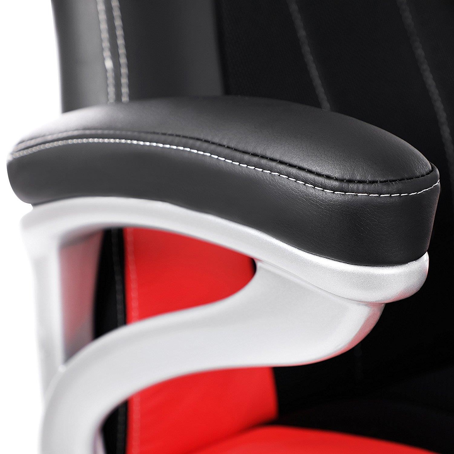 Silla de Oficina ISOS, Grueso Acolchado, Diseño Deportivo, en Malla Transpirable y Piel Negra / Roja