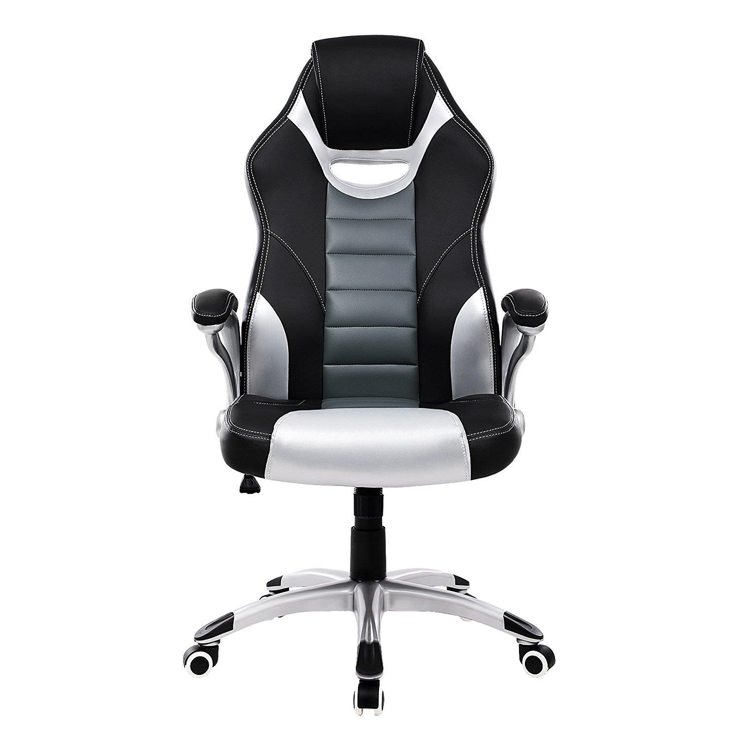 Silla de Oficina OSIRIS, Grueso Acolchado, Diseño Deportivo, en Piel Negra, Gris y Plata
