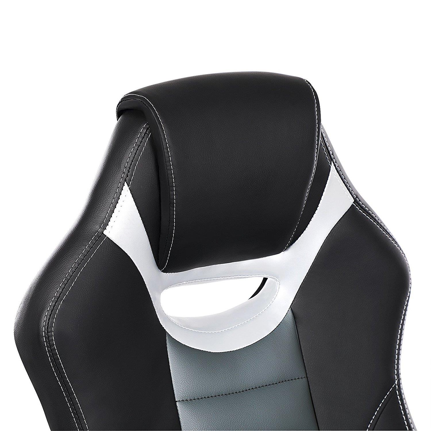 Silla de Oficina OSIRIS, Grueso Acolchado, Diseño Deportivo, en Piel Negra, Gris y Plata