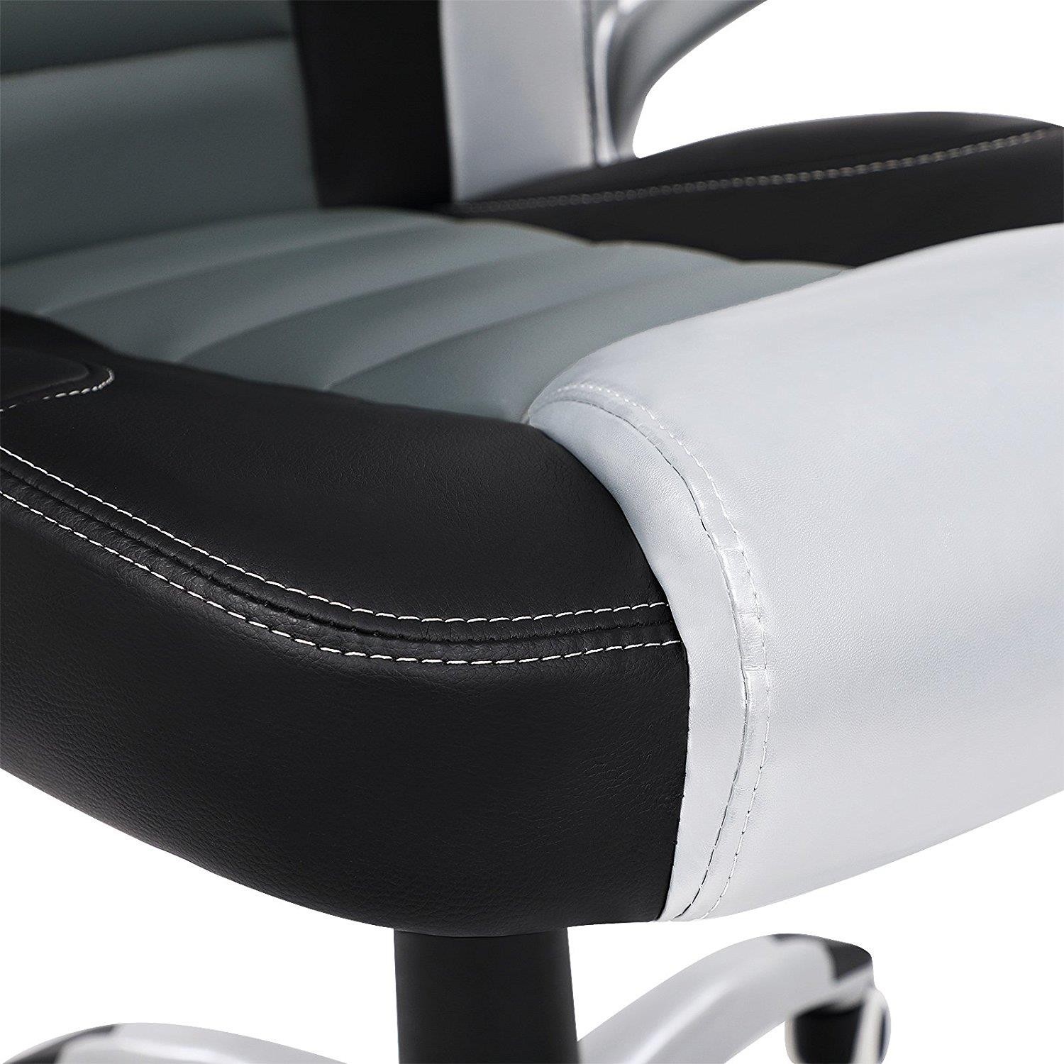 Silla de Oficina OSIRIS, Grueso Acolchado, Diseño Deportivo, en Piel Negra, Gris y Plata