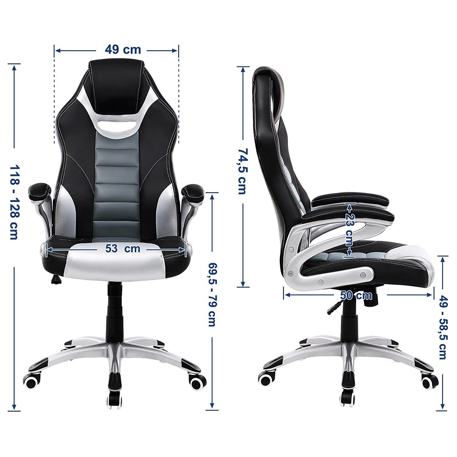 Silla de Oficina OSIRIS, Grueso Acolchado, Diseño Deportivo, en Piel Negra, Gris y Plata