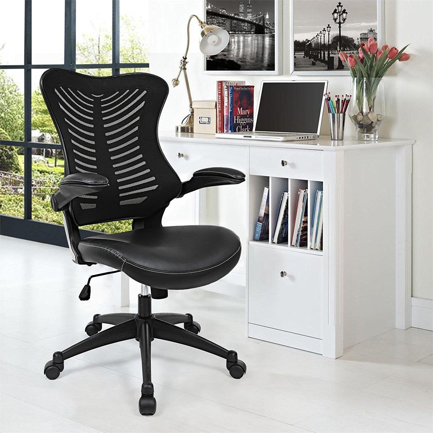 Silla de Oficina PEKO, Diseño Ergonómico, Brazos Abatibles, en Piel y Malla Transpirable Color Negro