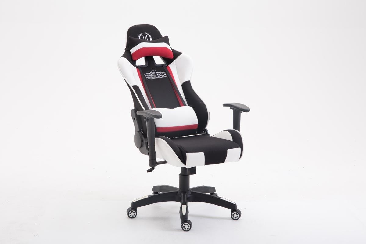Silla Gaming JEMEX TELA, Respaldo Reclinable, Cojines Incluidos, en Negro/Blanco