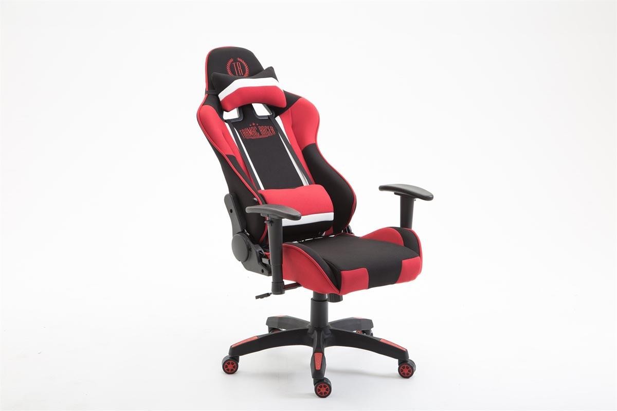 Silla Gaming JEMEX TELA, Respaldo Reclinable, Cojines Incluidos, en Negro/Rojo