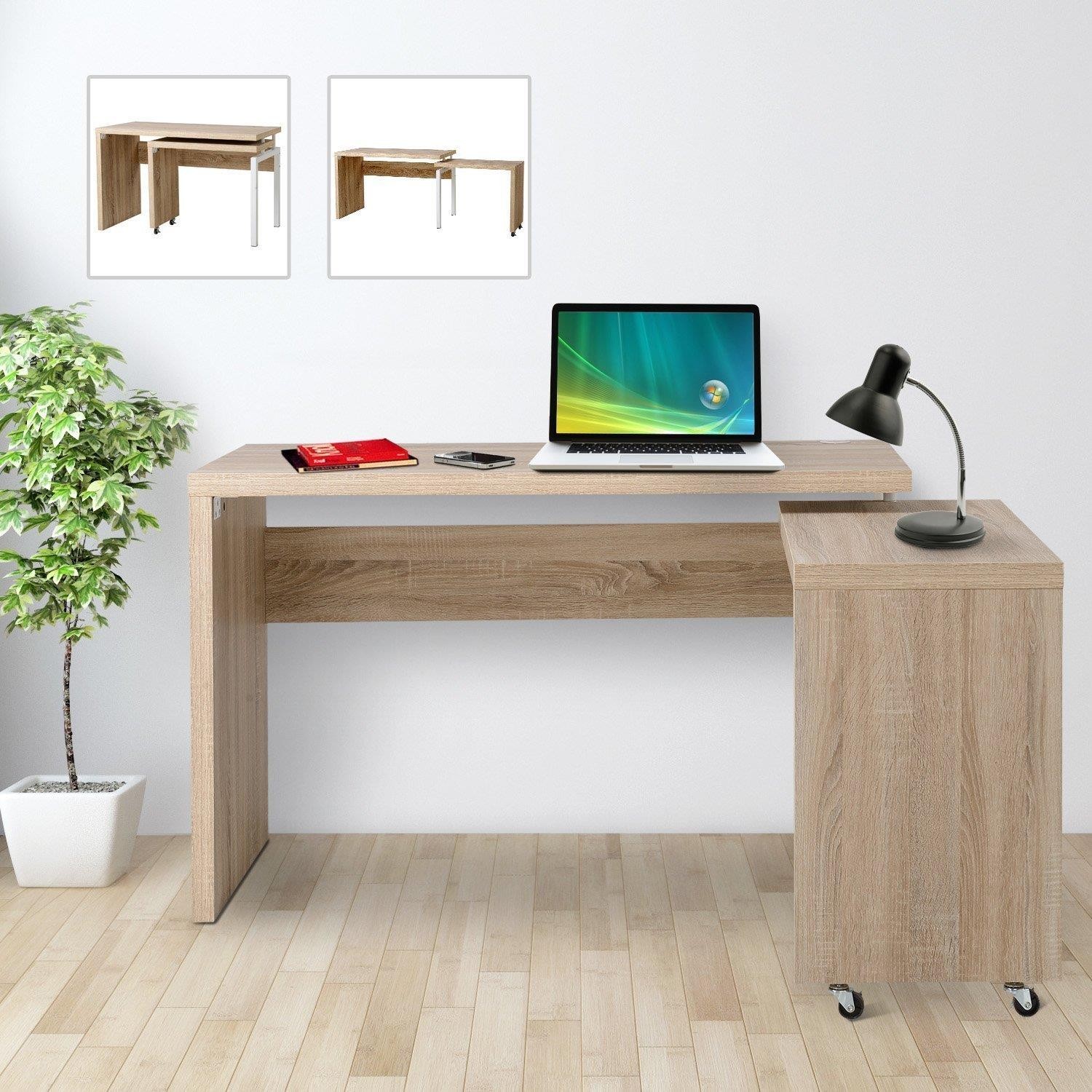 Mesa de Ordenador JATEK, Extensible, Estructura de Metal y Madera color Roble
