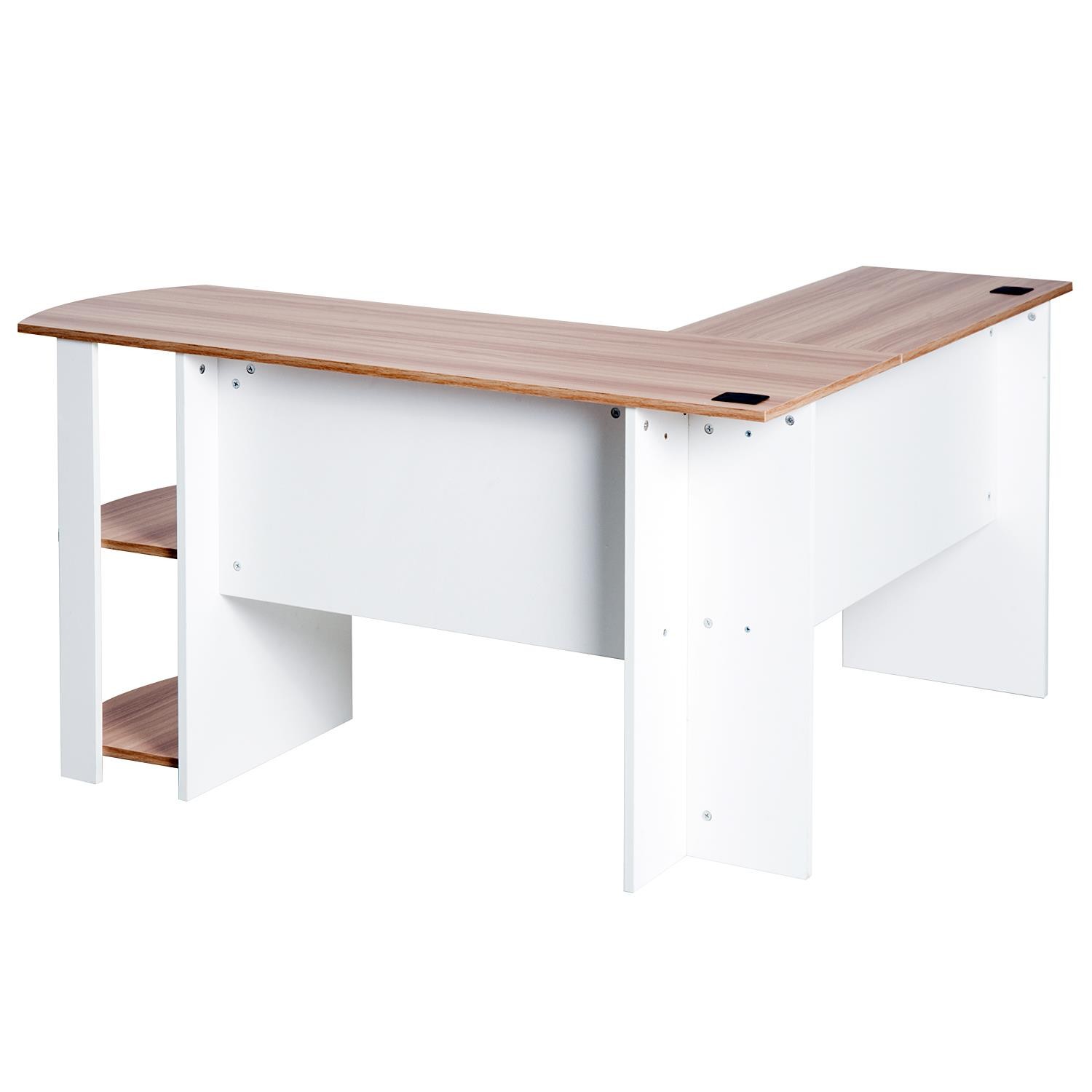 Mesa de Oficina DAVEN, 136x130x72 cm, con Estantes, en Madera color Blanco y Nogal