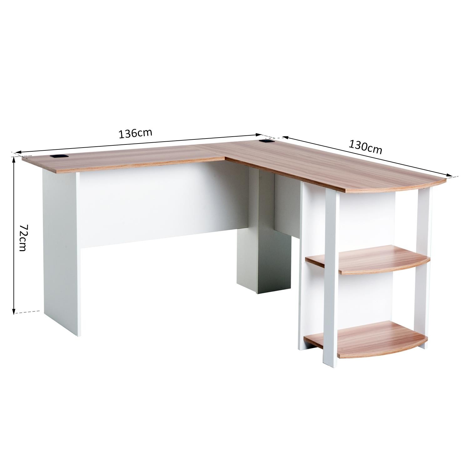 Mesa de Oficina DAVEN, 136x130x72 cm, con Estantes, en Madera color Blanco y Nogal