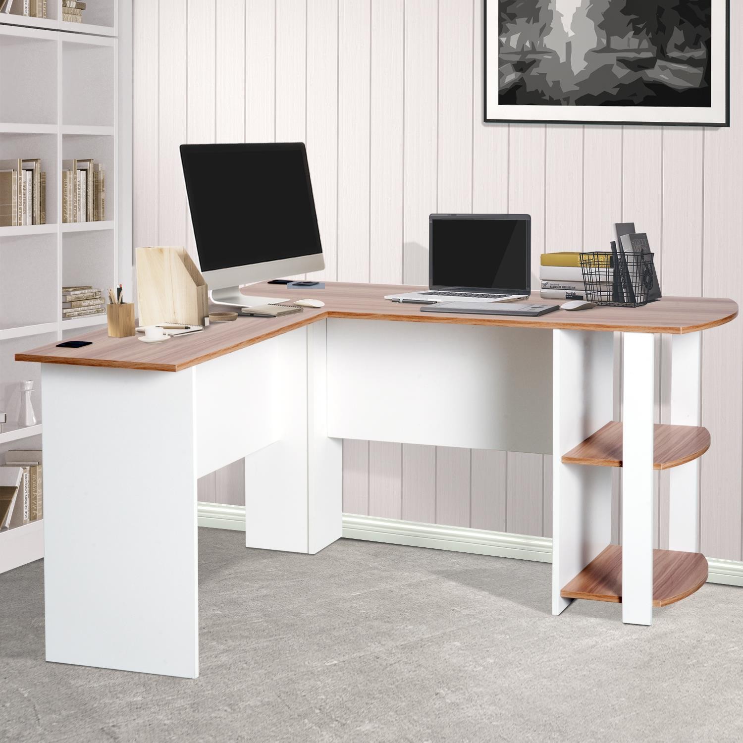 Mesa de Oficina DAVEN, 136x130x72 cm, con Estantes, en Madera color Blanco y Nogal