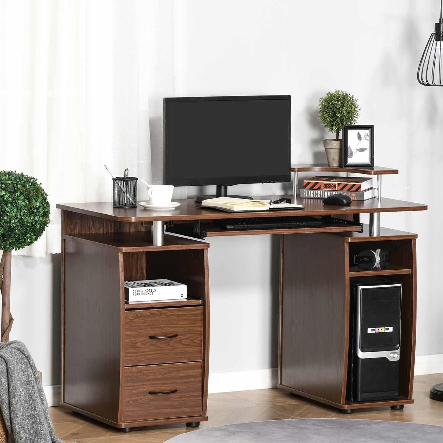 Mesa para Ordenador GRISO, con Cajones y Bandeja para Teclado, Dimensiones 120x55x85 cm, en Madera color Negro