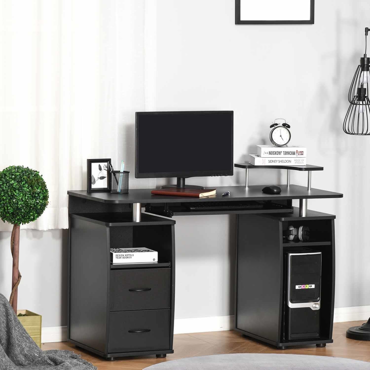 Mesa para Ordenador GRISO, con Cajones y Bandeja para Teclado, Dimensiones 120x55x85 cm, en Madera color Negro