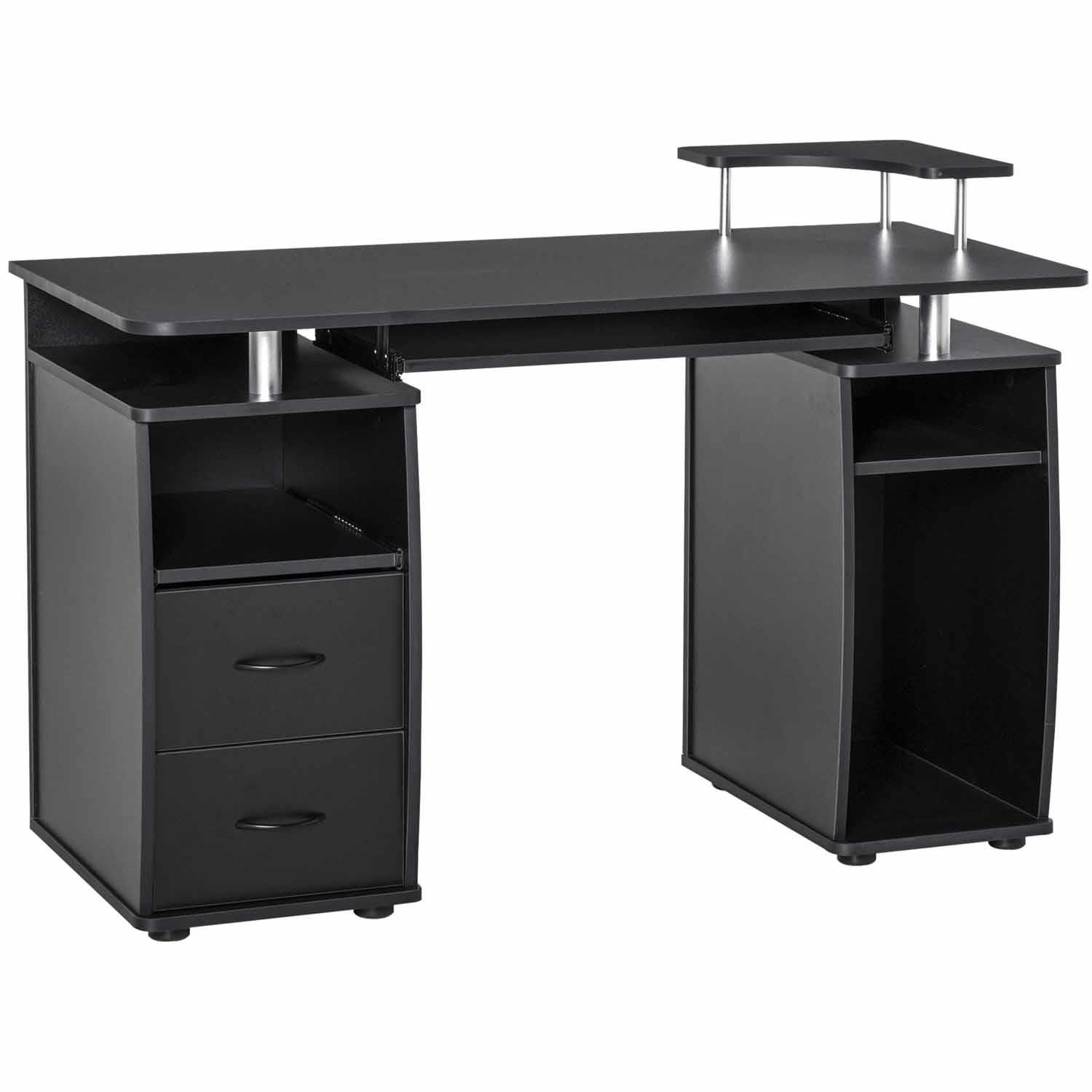Mesa para Ordenador GRISO, con Cajones y Bandeja para Teclado, Dimensiones 120x55x85 cm, en Madera color Negro