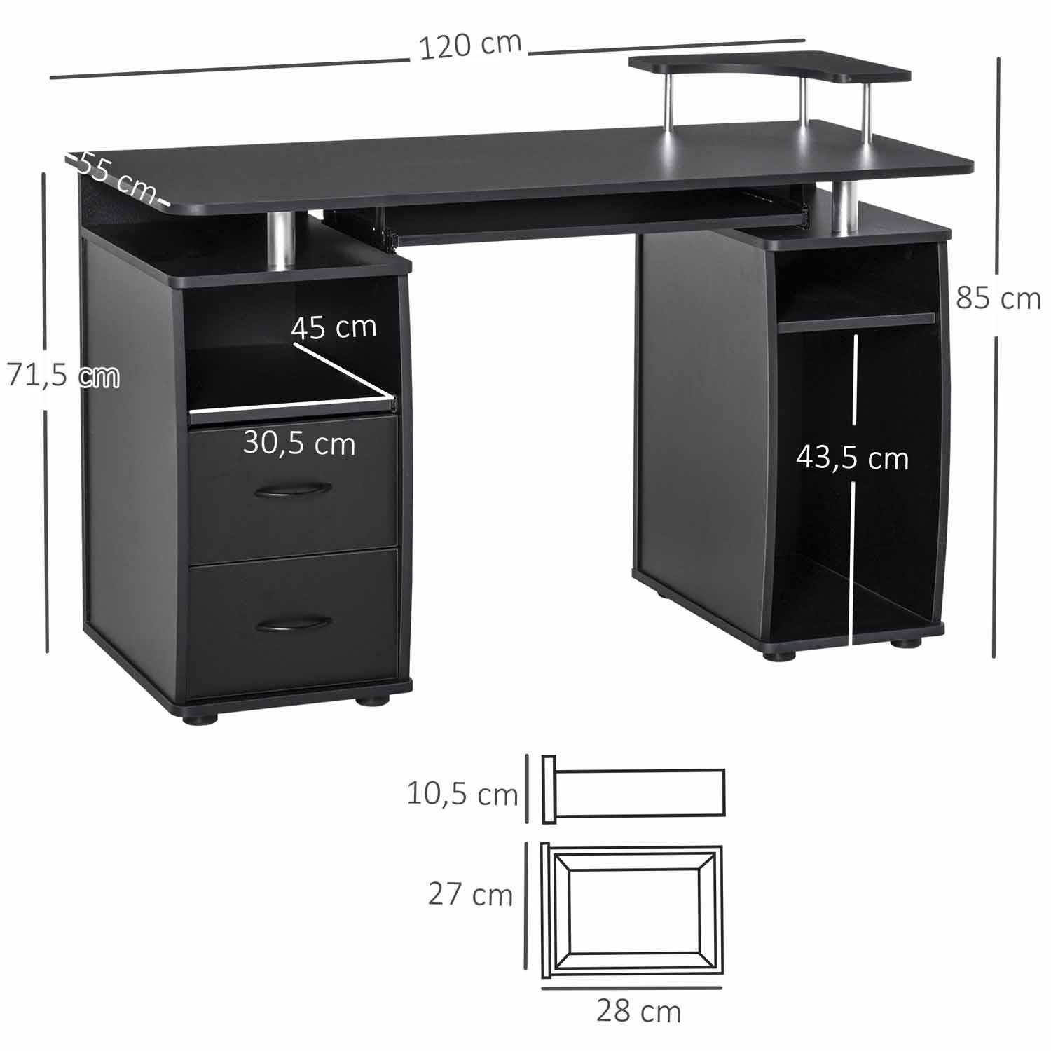Mesa para Ordenador GRISO, con Cajones y Bandeja para Teclado, Dimensiones 120x55x85 cm, en Madera color Negro