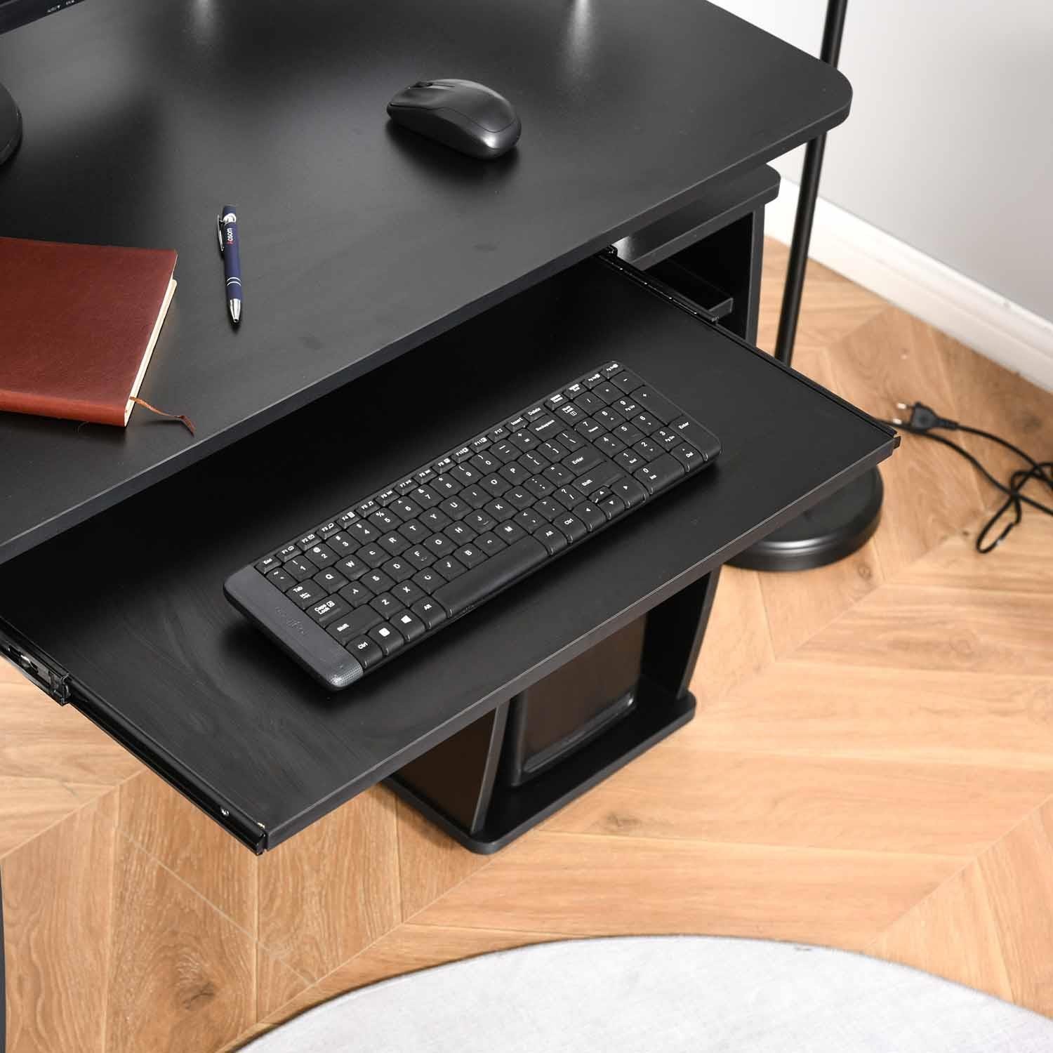 Mesa para Ordenador GRISO, con Cajones y Bandeja para Teclado, Dimensiones 120x55x85 cm, en Madera color Negro