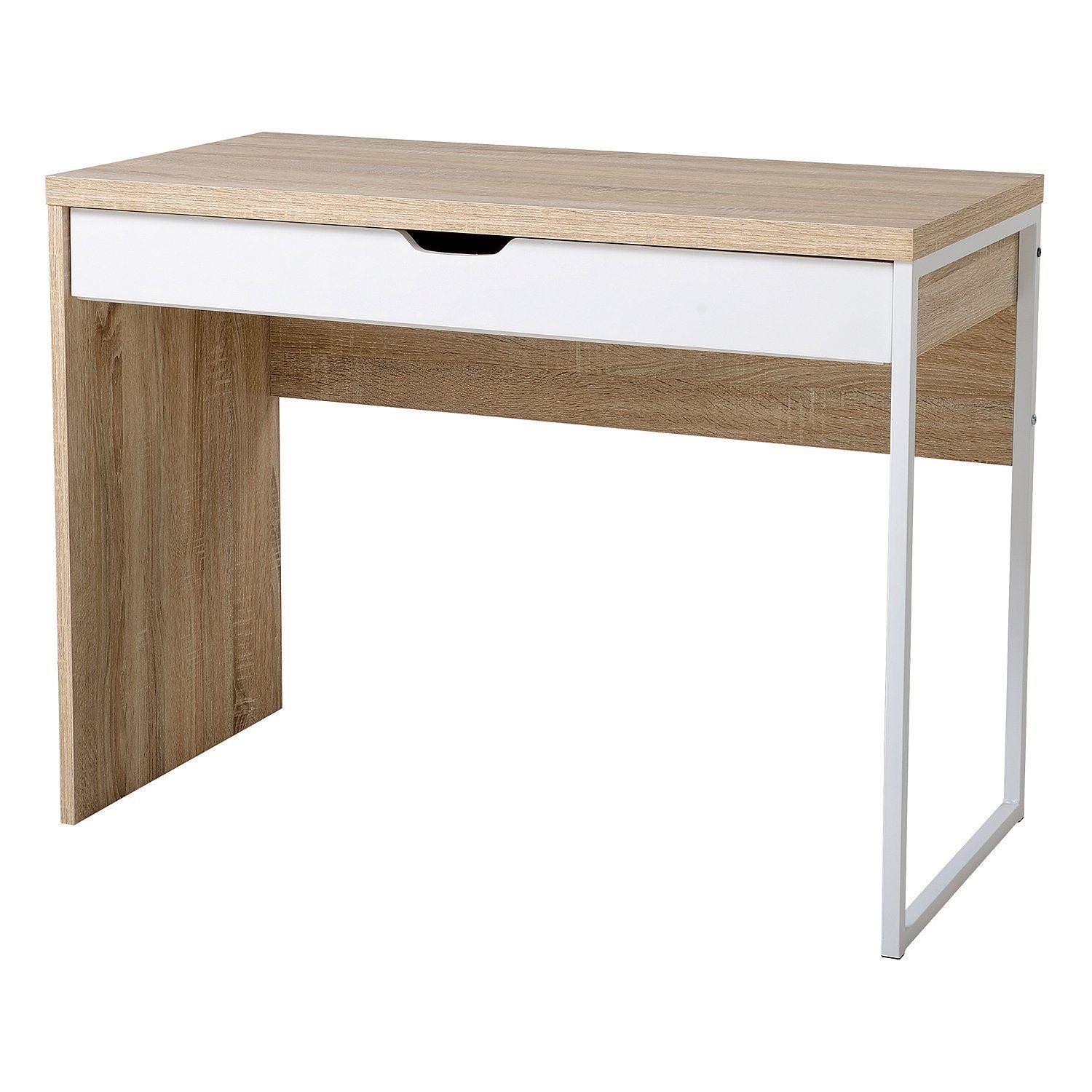 Mesa para Ordenador HANS, con Cajón, 100x50x75 cm, en Madera color Roble y Blanco
