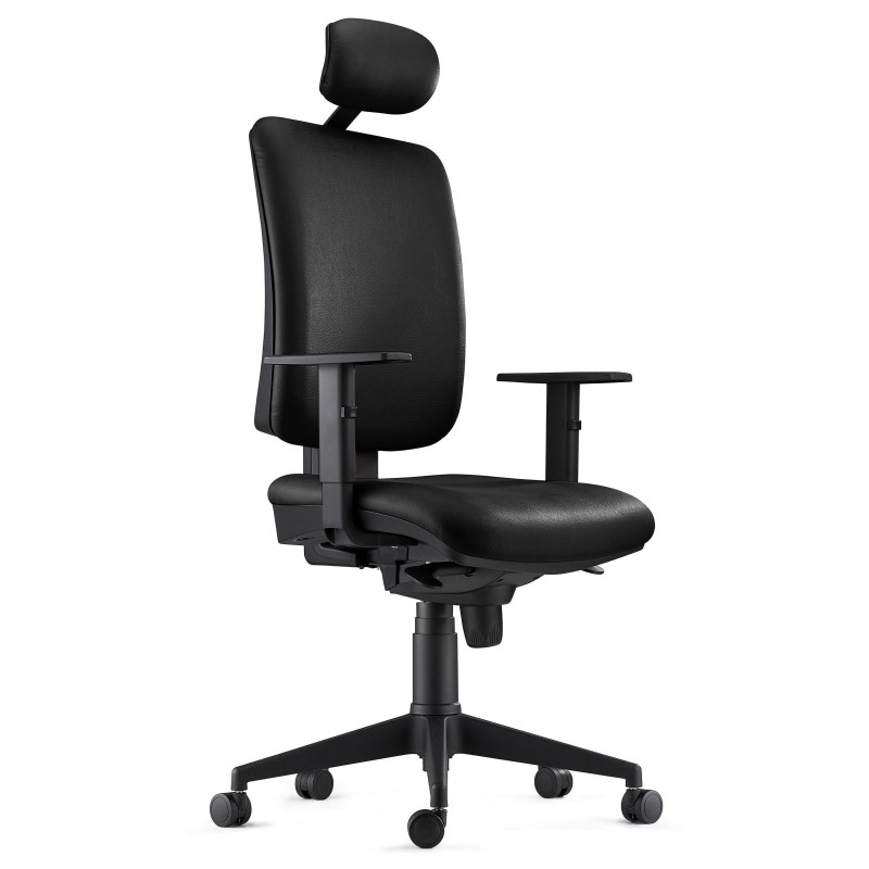 Silla Ergonómica PIERO, en Piel color Negro, con Reposacabezas y Brazos Ajustables