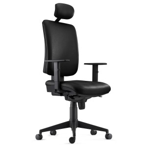 Silla Ergonómica PIERO, en Piel color Negro, con Reposacabezas y Brazos Ajustables