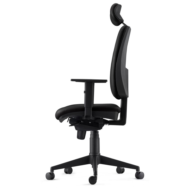 Silla Ergonómica PIERO, en Piel color Negro, con Reposacabezas y Brazos Ajustables