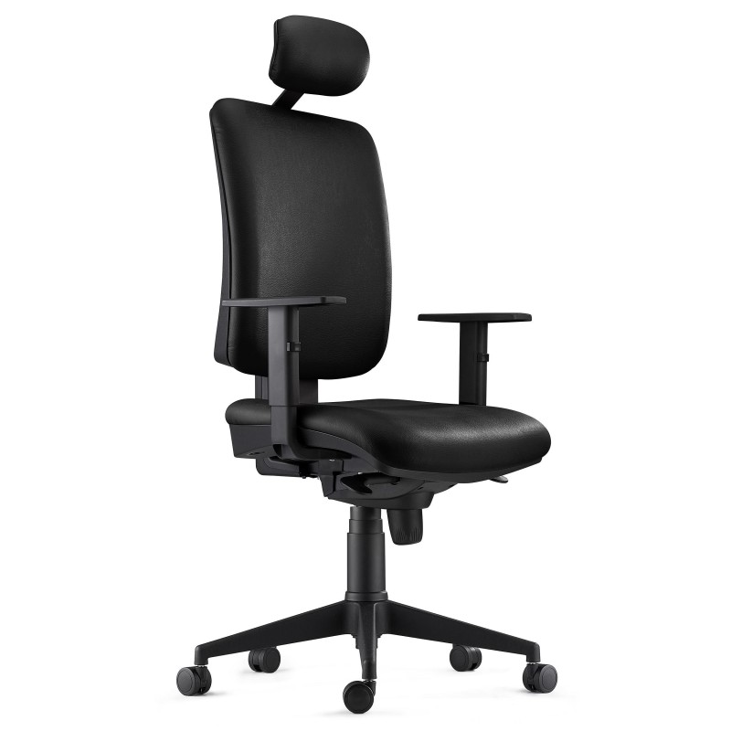 Silla Ergonómica PIERO, en Piel Natural color Negro, con Reposacabezas y Brazos Ajustables