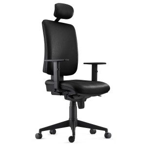 Silla Ergonómica PIERO, en Piel Natural color Negro, con Reposacabezas y Brazos Ajustables