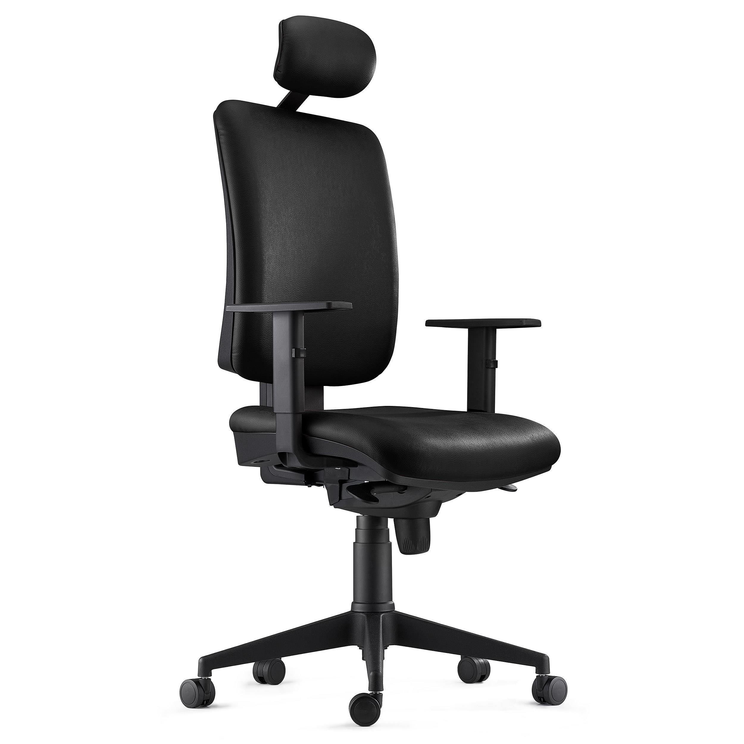 Silla Ergonómica PIERO, en Piel Natural color Negro, con Reposacabezas y Brazos Ajustables