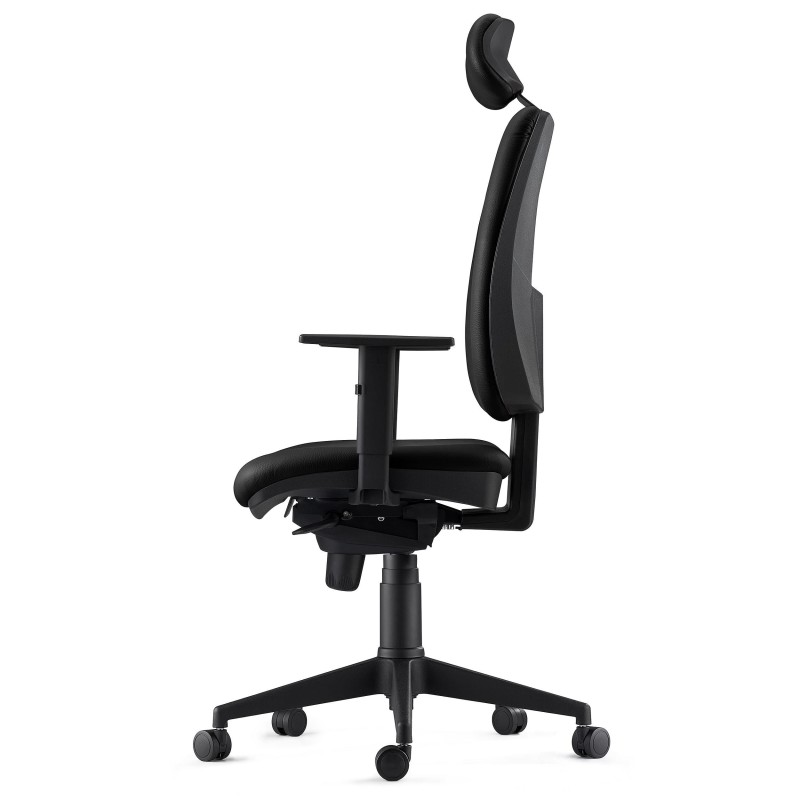 Silla Ergonómica PIERO, en Piel Natural color Negro, con Reposacabezas y Brazos Ajustables