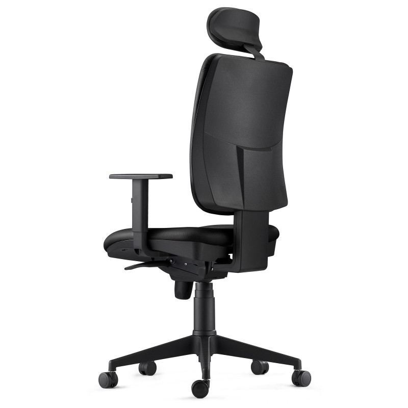 Silla Ergonómica PIERO, en Piel Natural color Negro, con Reposacabezas y Brazos Ajustables