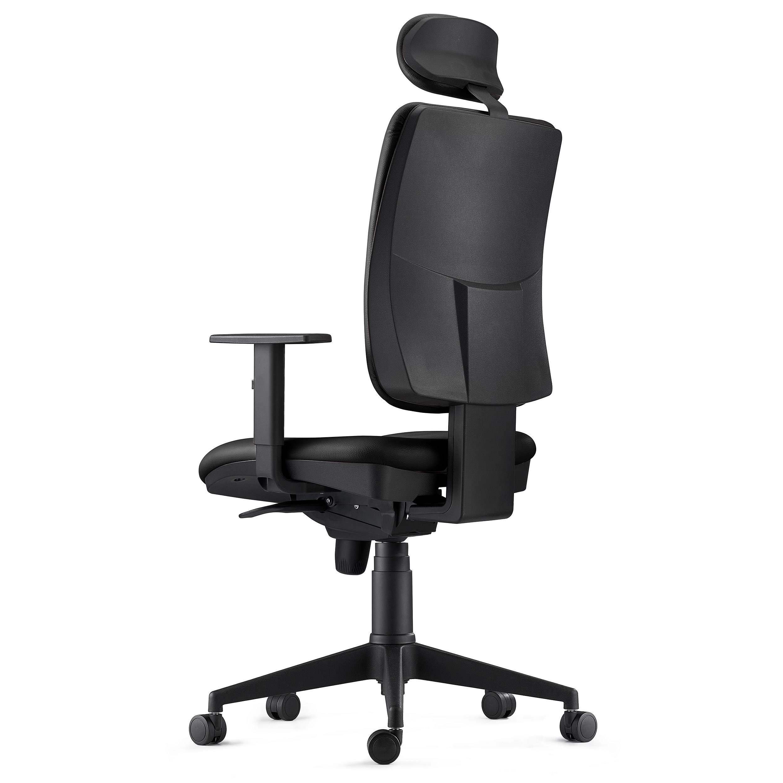 Silla Ergonómica PIERO, en Piel Natural color Negro, con Reposacabezas y Brazos Ajustables