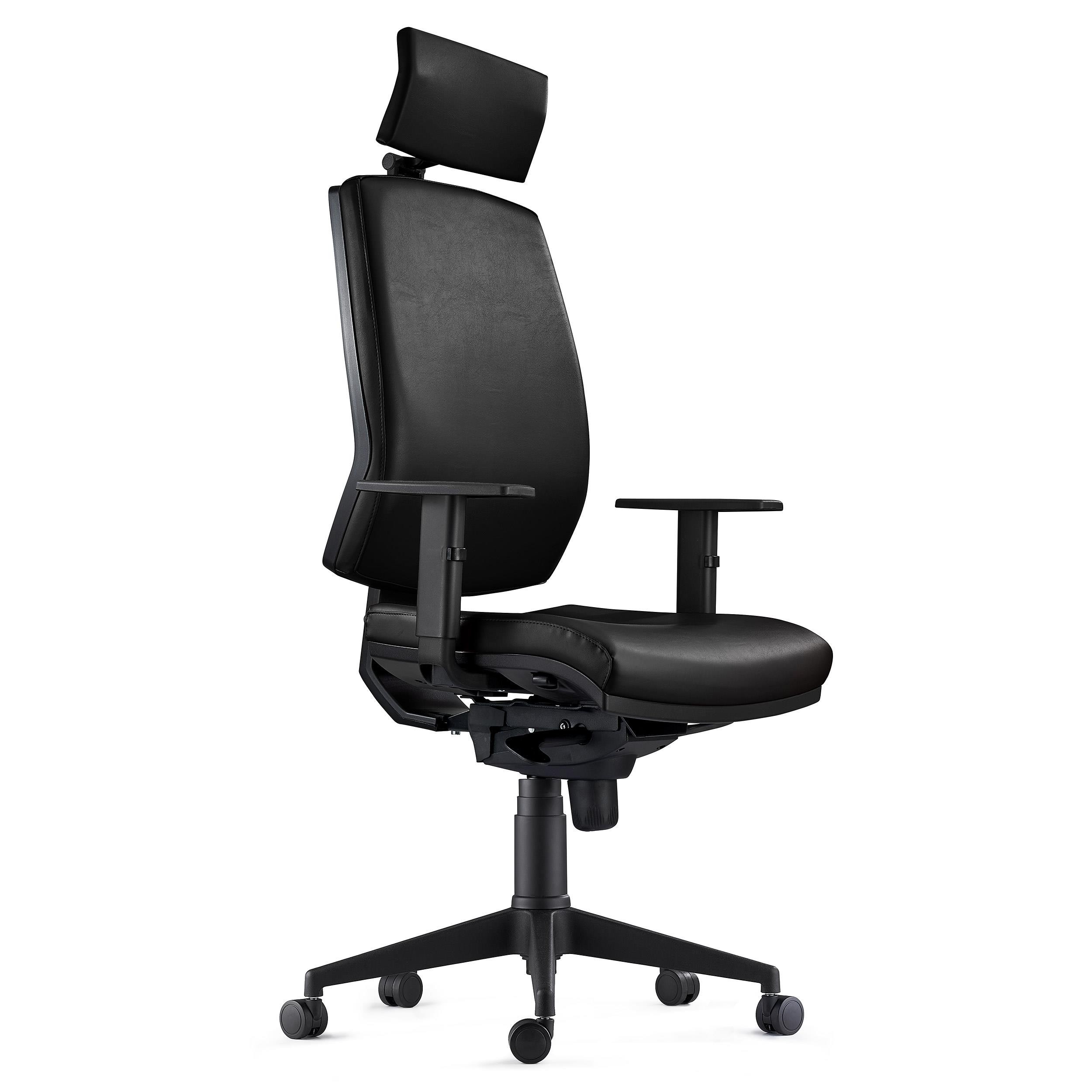 Silla Ergonómica OLIVER, Piel Negra, Reposacabezas, Uso 8 Horas, Grueso Acolchado