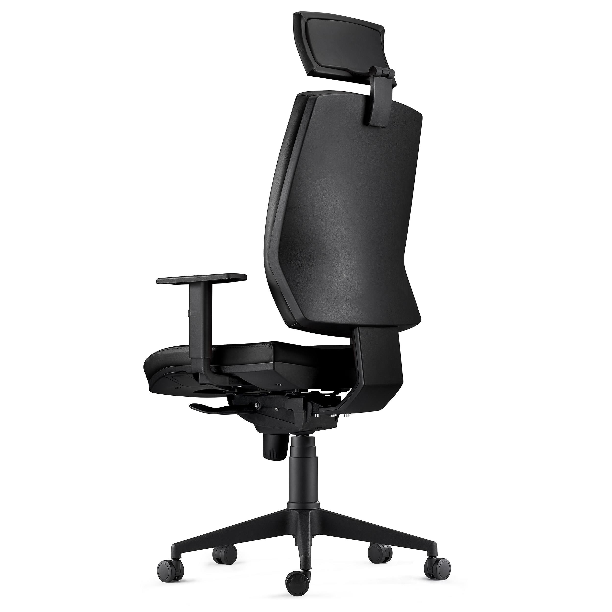 Silla Ergonómica OLIVER, Piel Negra, Reposacabezas, Uso 8 Horas, Grueso Acolchado