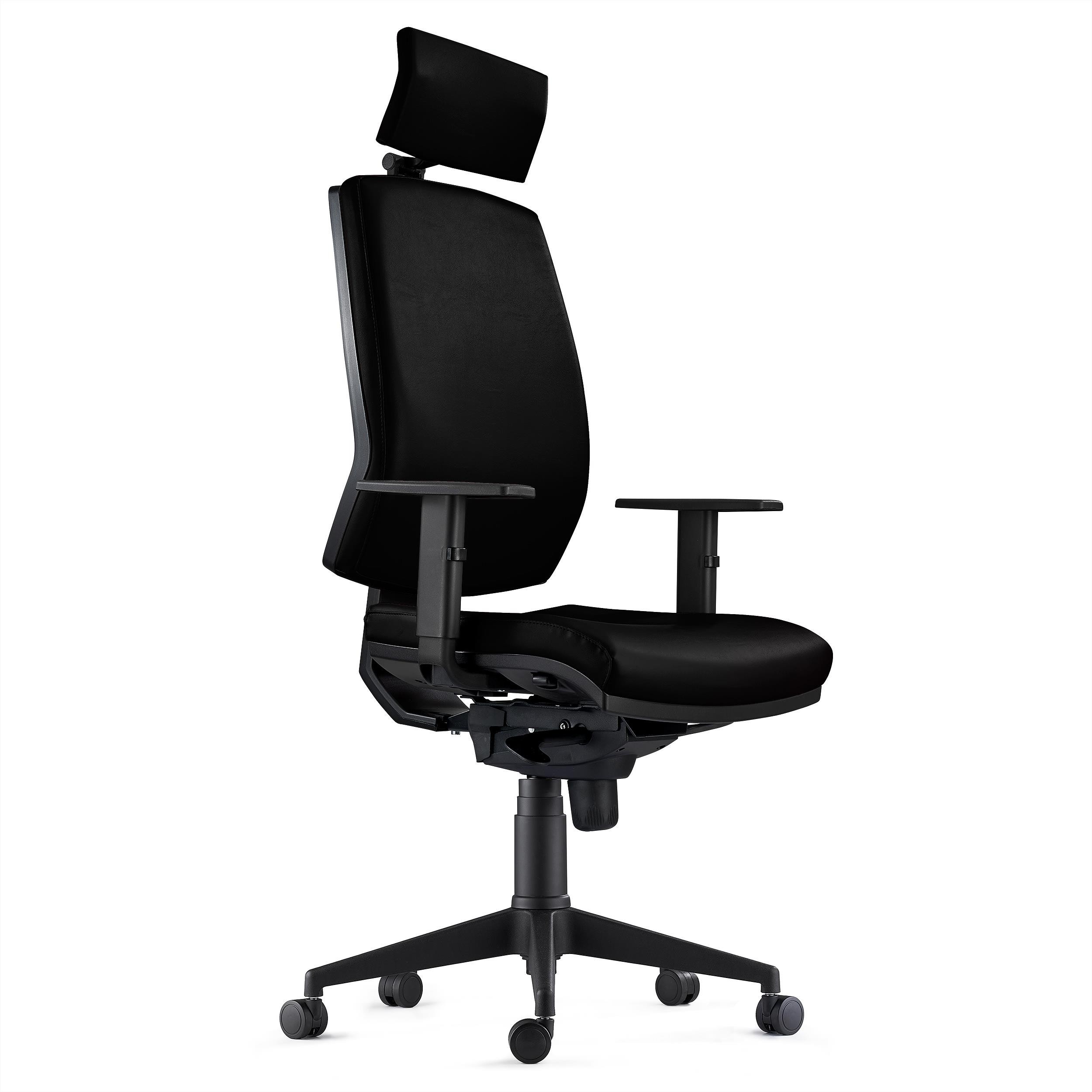 Silla Ergonómica OLIVER, Piel Real Negra, Reposacabezas, Uso 8 Horas, Grueso Acolchado
