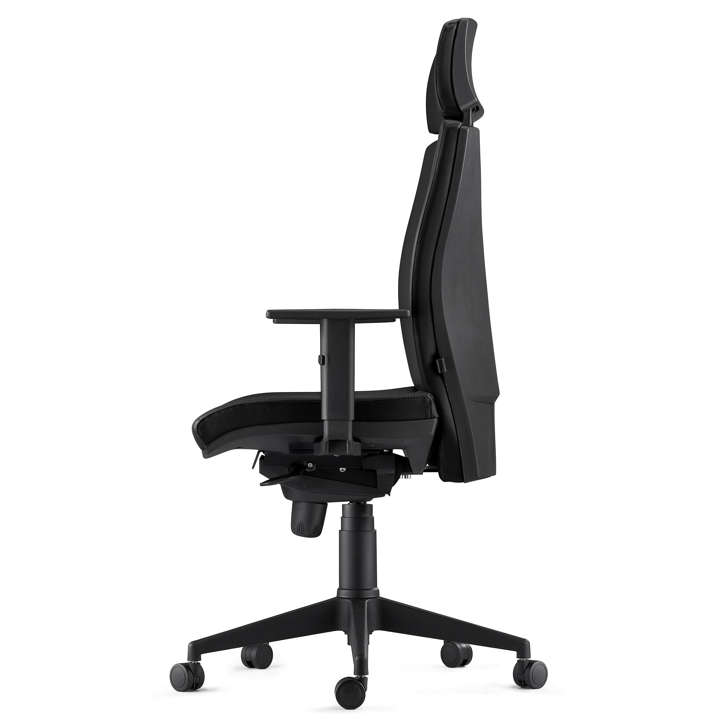 Silla Ergonómica MARVEL, Piel Negra, Reposacabezas y Soporte Lumbar