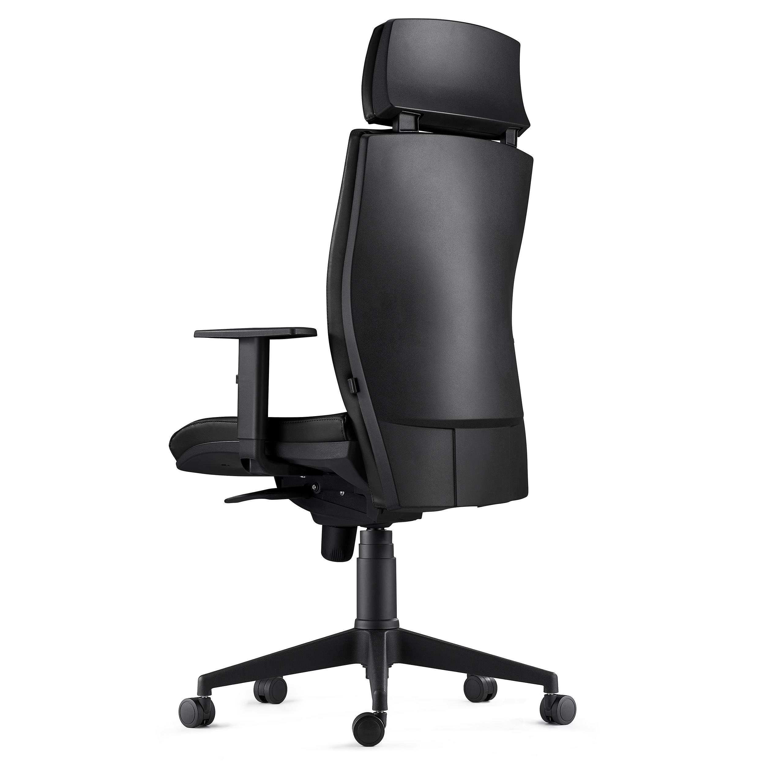 Silla Ergonómica MARVEL, Piel Natural Negra, Reposacabezas y Soporte Lumbar