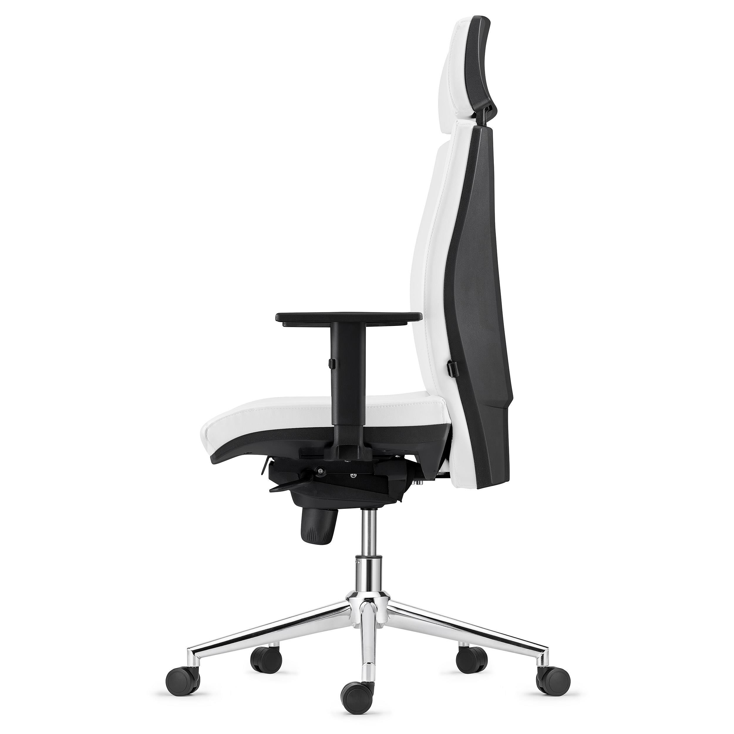 Silla Ergonómica MARVEL, Piel Natural Negra, Base Metálica, Reposacabezas y Soporte Lumbar
