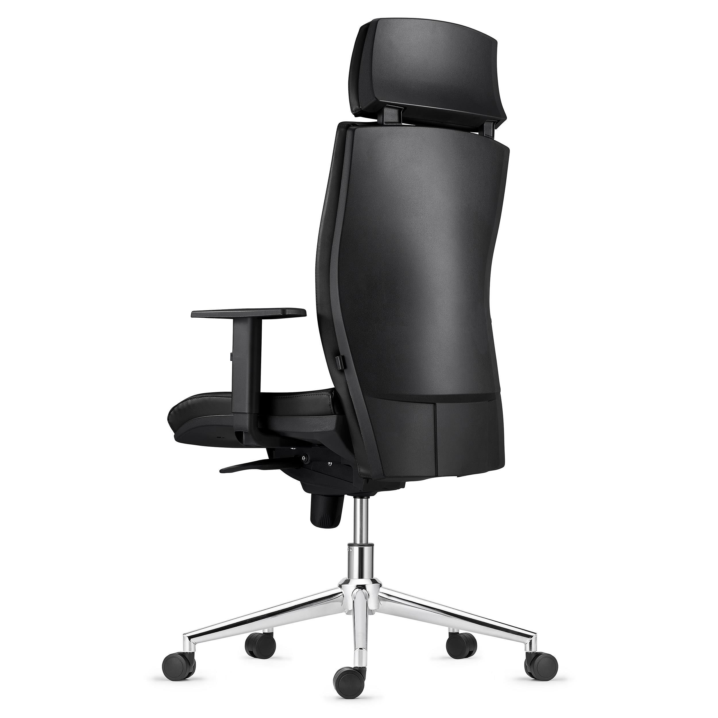 Silla Ergonómica MARVEL, Piel Natural Negra, Base Metálica, Reposacabezas y Soporte Lumbar