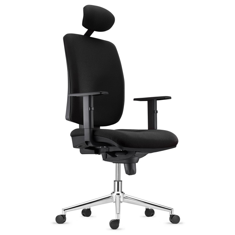 Silla Ergonómica PIERO, en Tela color Negro, con Base Metálica, Reposacabezas y Brazos Ajustables