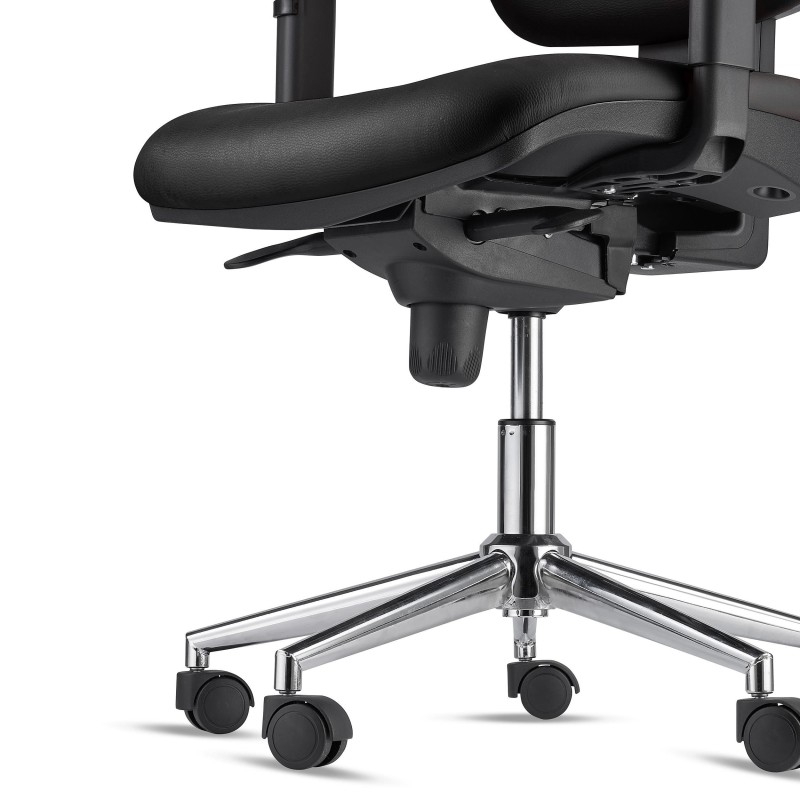 Silla Ergonómica PIERO, en Piel Natural color Negro, con Base Metálica, Brazos Ajustables y Reposacabezas