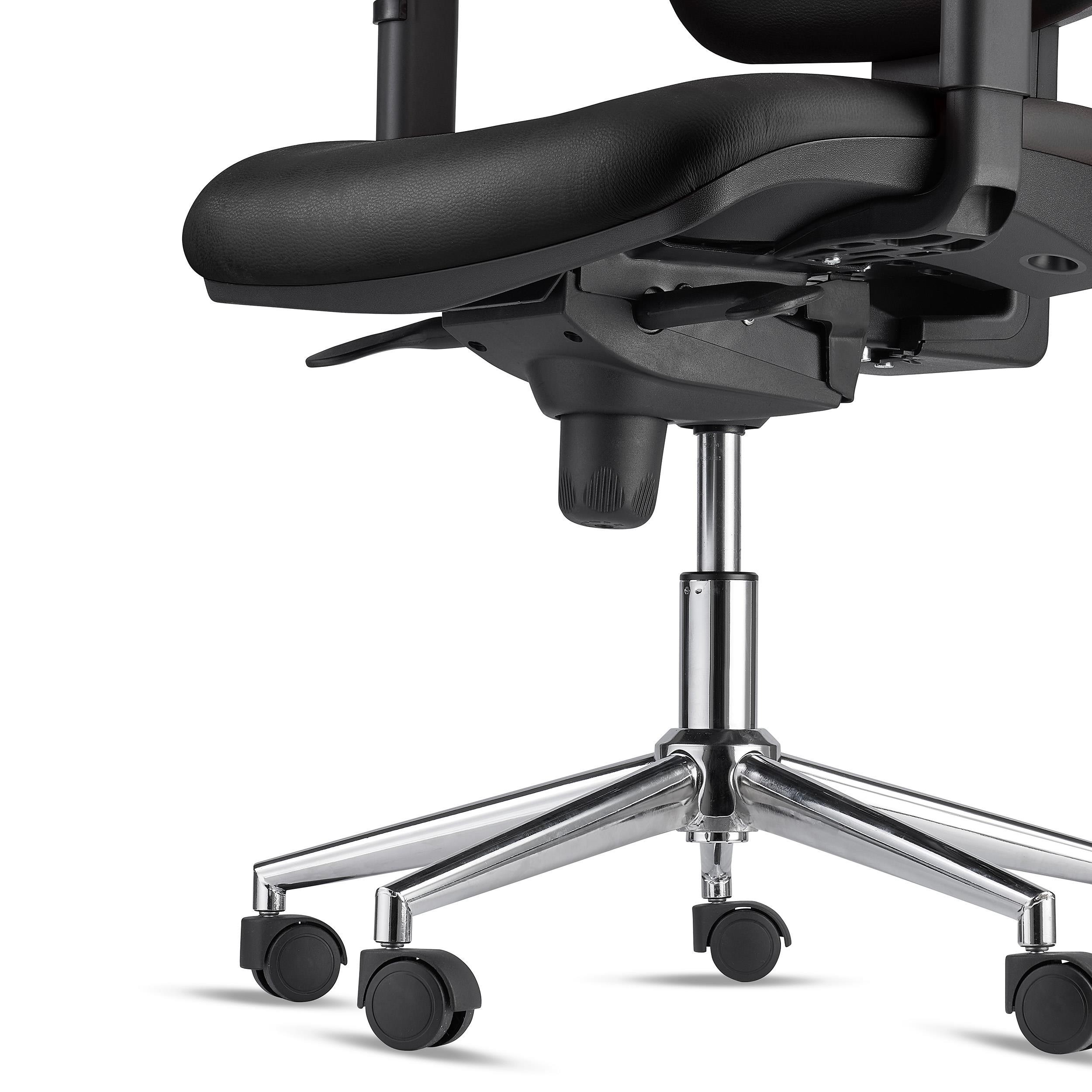 Silla Ergonómica PIERO, con Base Metálica, en Piel Natural color Negro, Brazos Ajustables y Reposacabezas